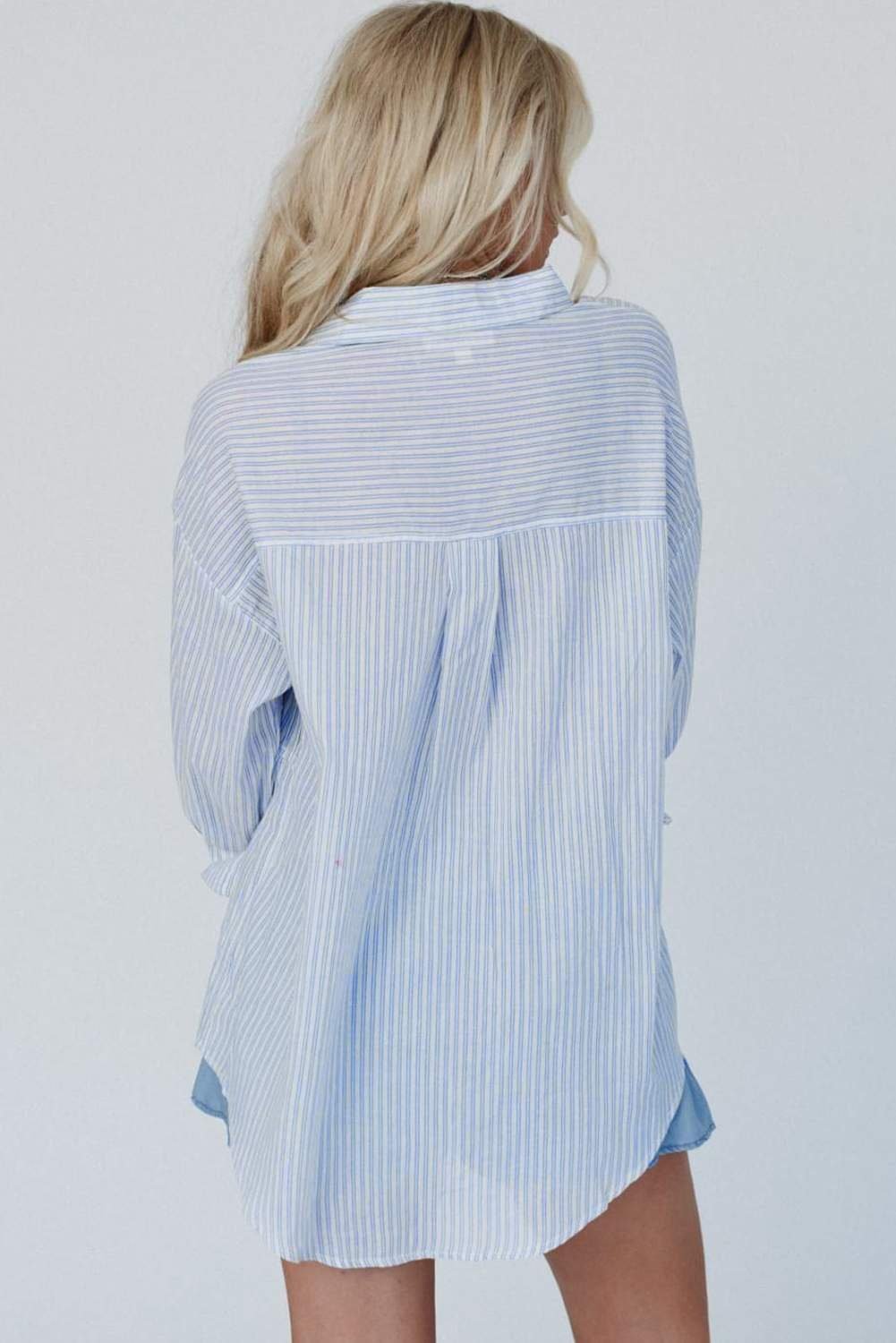 Sky Blue Stripe Ruffled Button Up Long Sleeve Shirt