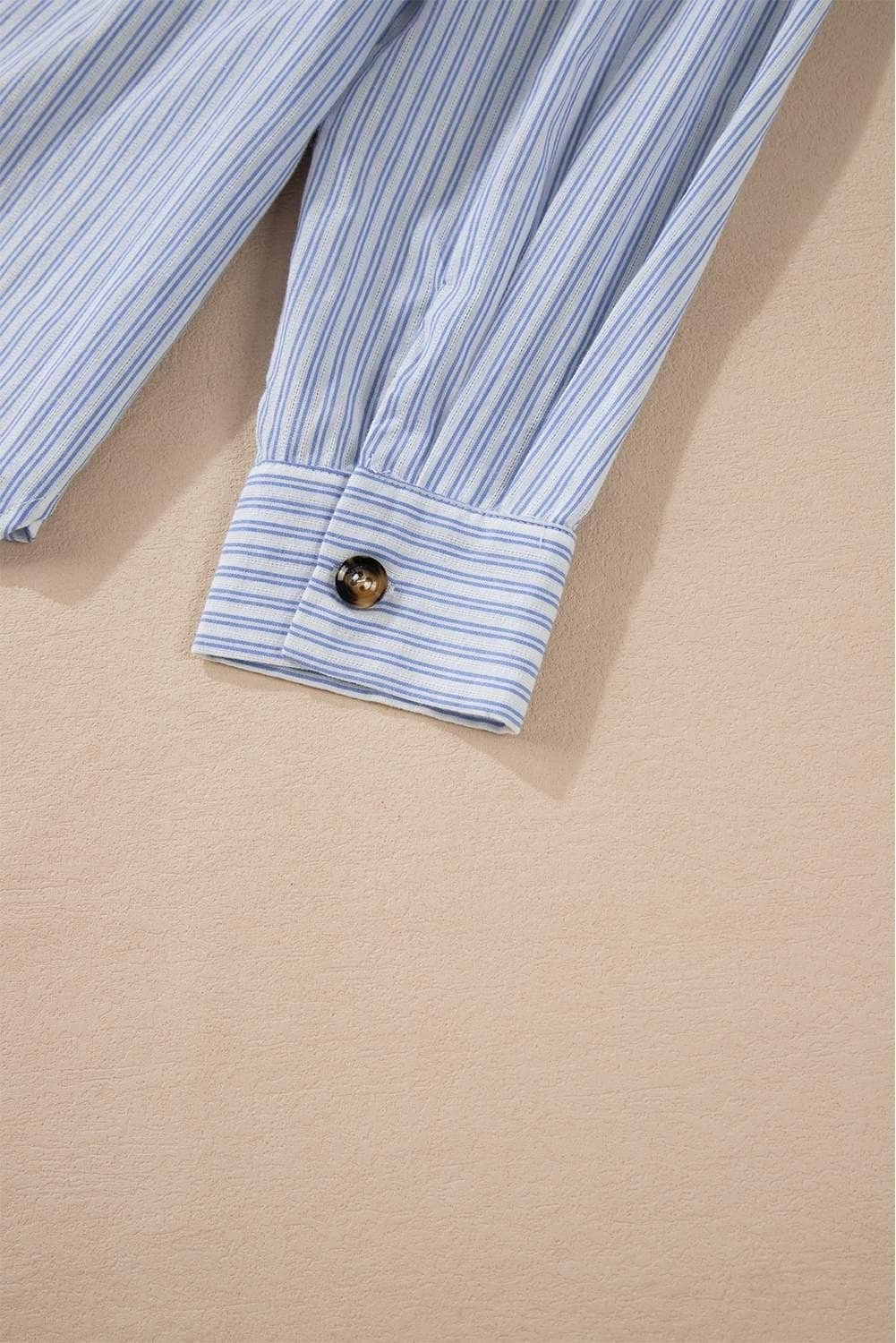 Sky Blue Stripe Ruffled Button Up Long Sleeve Shirt