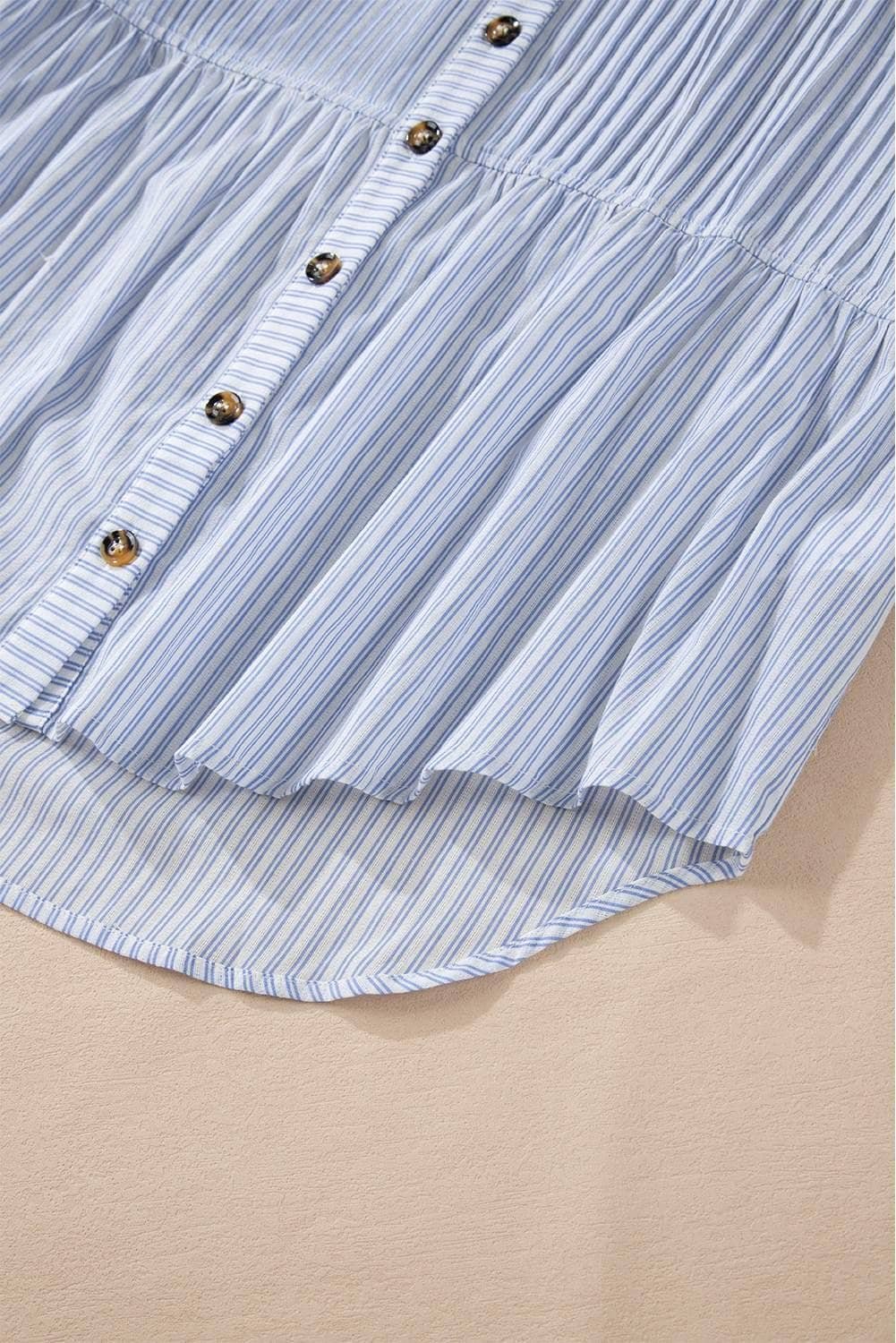 Sky Blue Stripe Ruffled Button Up Long Sleeve Shirt