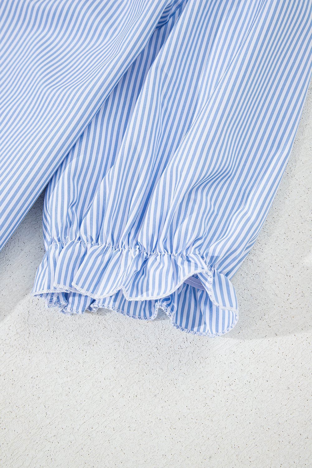 Sky Blue Stripe Ruffled Collar Puff Sleeve Half Buttons Blouse