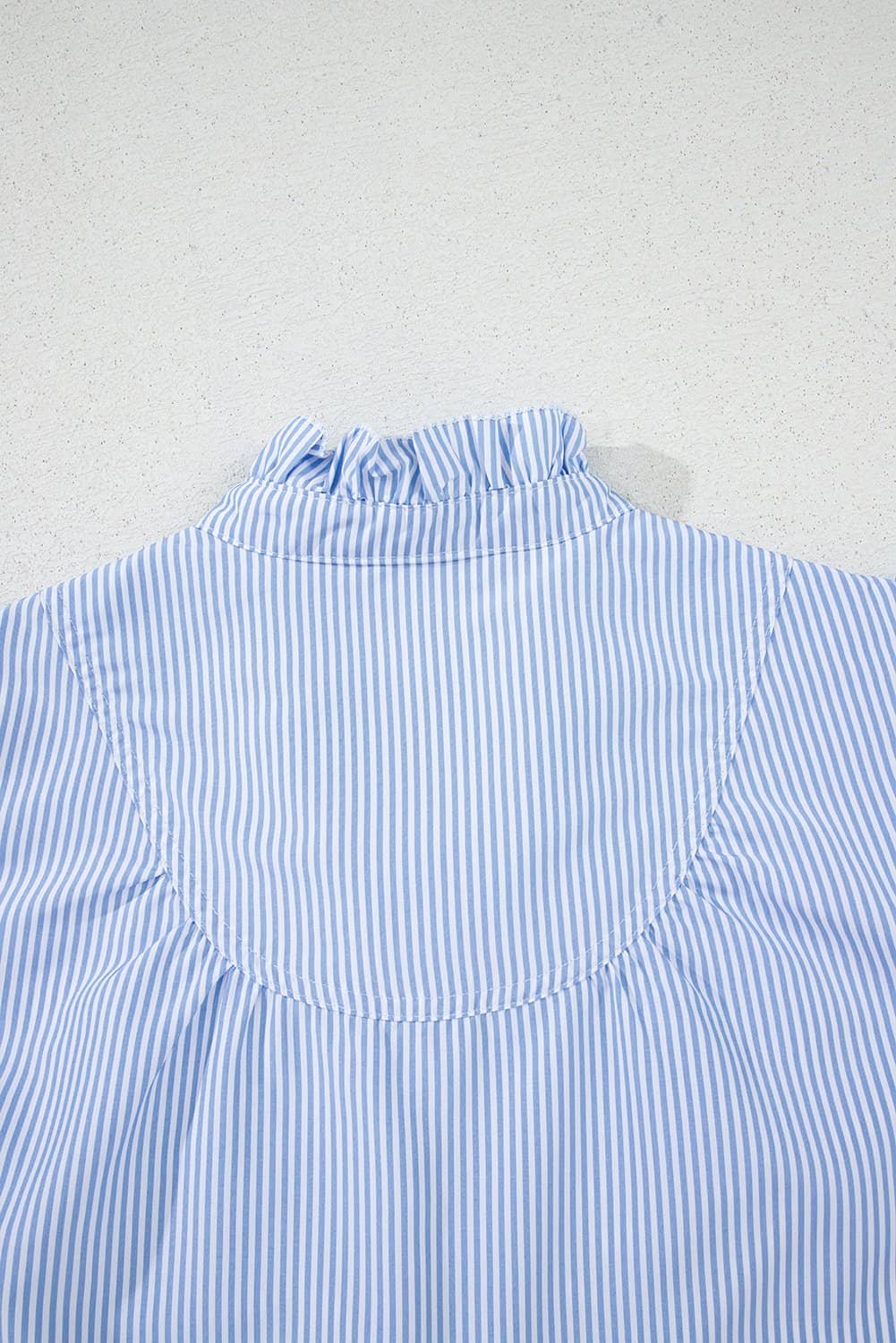 Sky Blue Stripe Ruffled Collar Puff Sleeve Half Buttons Blouse