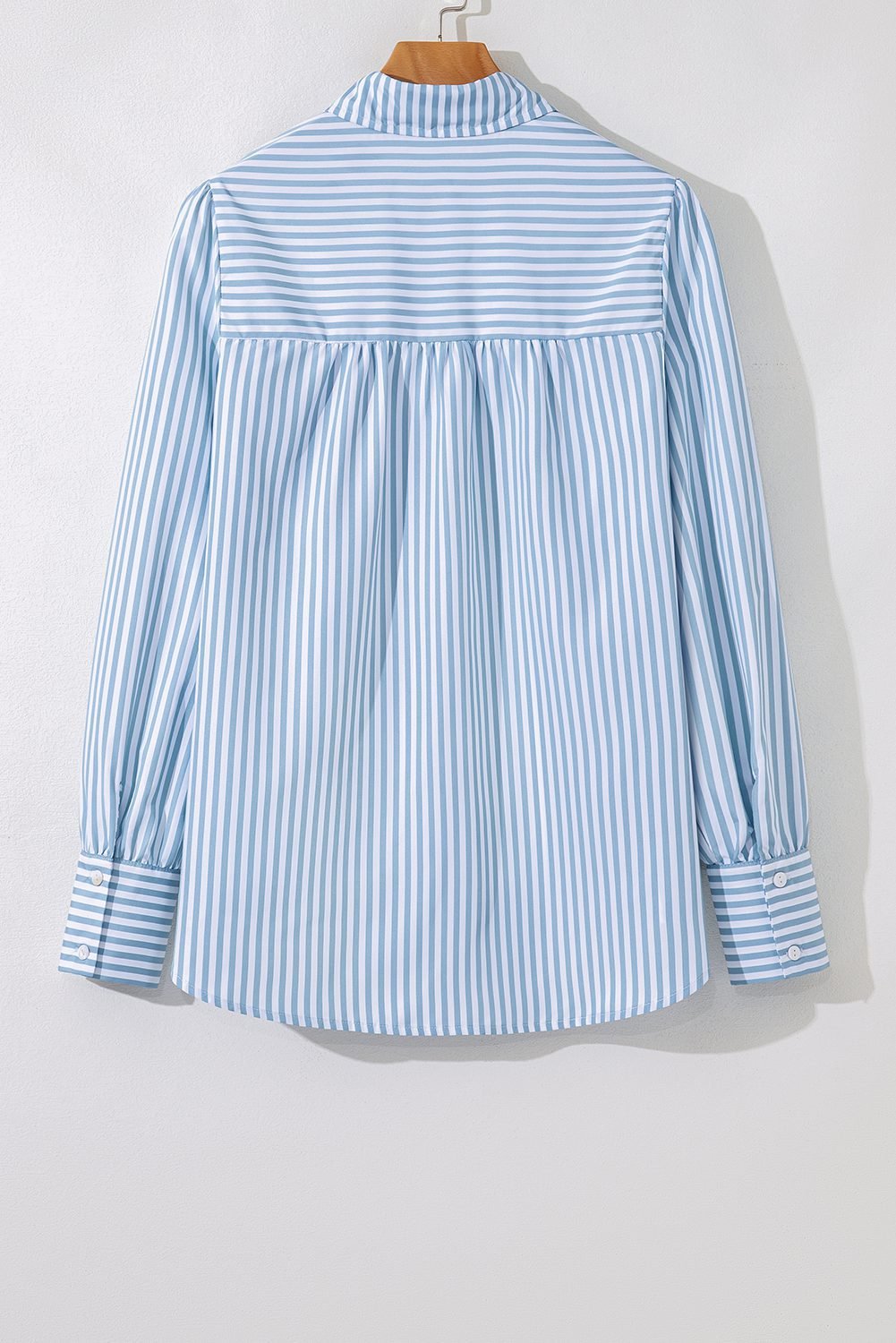 Sky Blue Stripe Shirred Detail Half Placket Collared Long Sleeve Fall Shirt