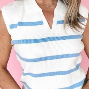 Sky Blue Stripe Split V Neck Collared Ribbed Sweater Vest