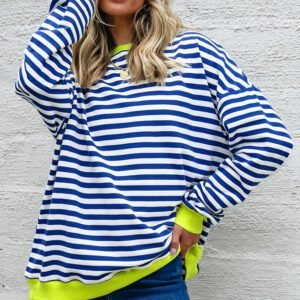 Sky Blue Stripe Striped Contrast Ribbed Trim Crossed Stitch Drop Shoulder Sweatshirt