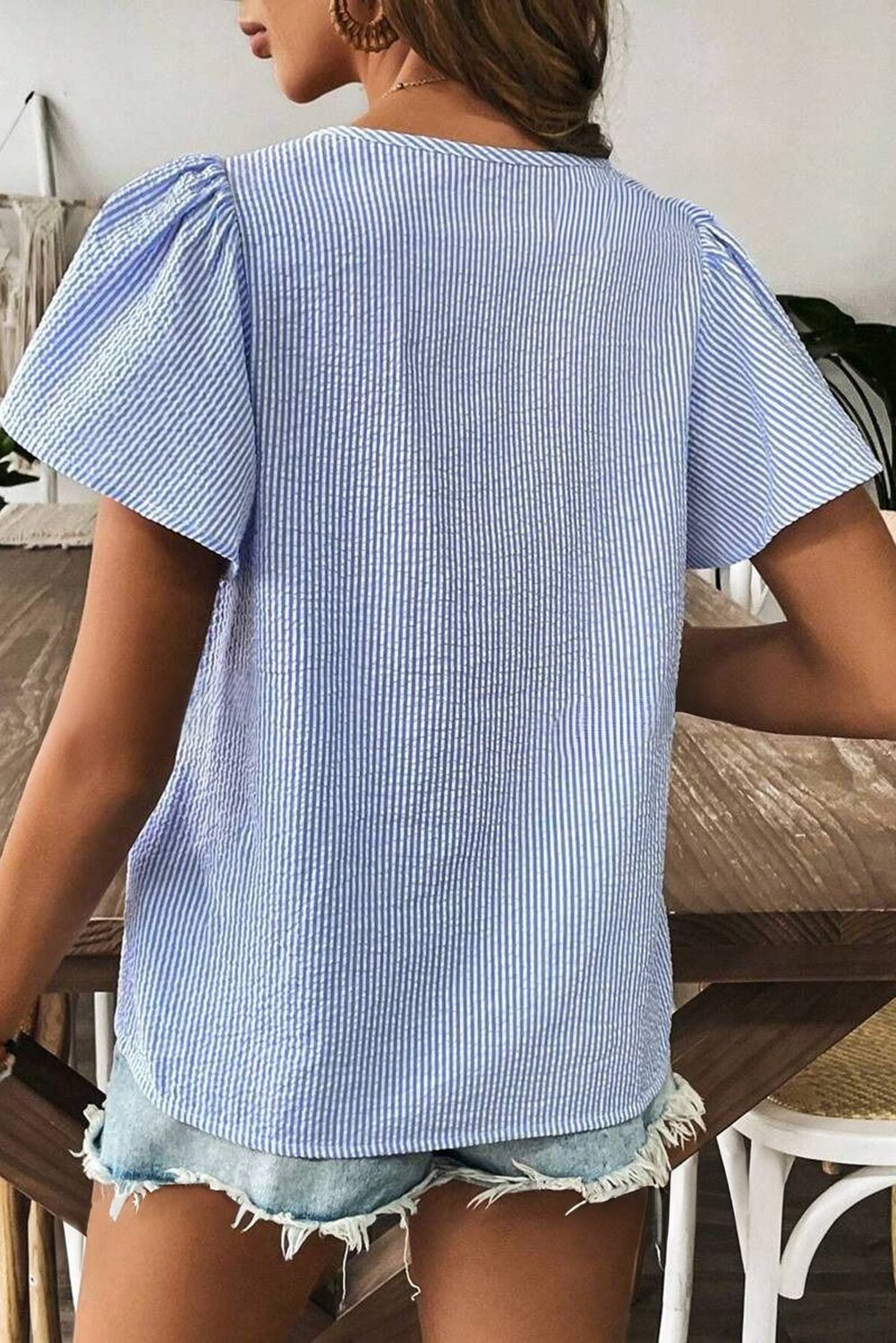 Sky Blue Stripe Textured Ruffle Short Sleeve Boho Detail Square Neck Blouse