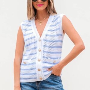 Sky Blue Stripe V Neck Gold Buttons Elegant Sweater Vest