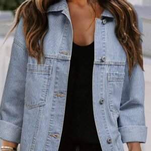 Sky Blue Stripe Washed Oversize Pocketed Denim Jacket