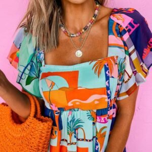 Sky Blue Tropical Printed Square Neck Flutter Sleeve Babydoll Blouse