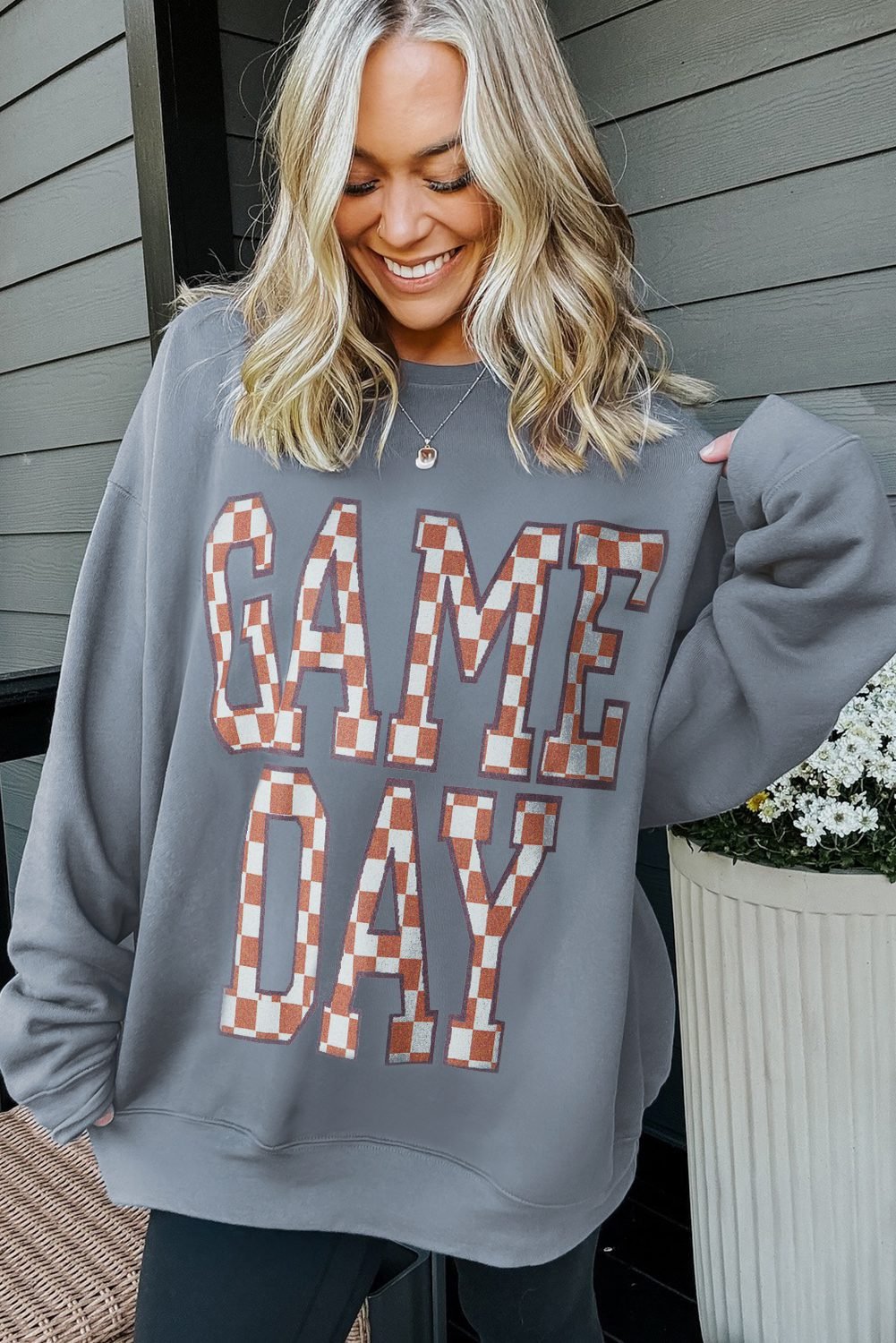 Sleet Game Day Checkered Letter Graphic Oversize Sweatshirt