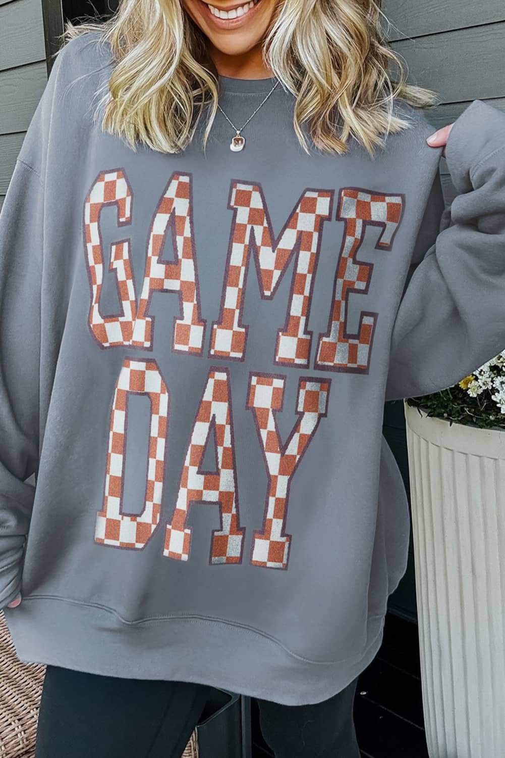 Sleet Game Day Checkered Letter Graphic Oversize Sweatshirt