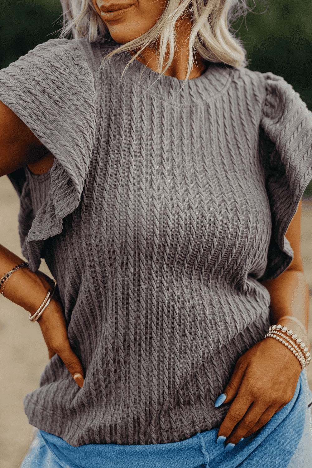 Sleet Solid Color Textured Flutter Sleeve Top