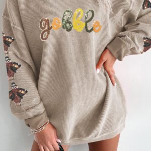 Smoke Gray Corded Ribbed Thanksgiving Turkey Sequin Patched Sleeve Gobble Baggy Sweatshirt