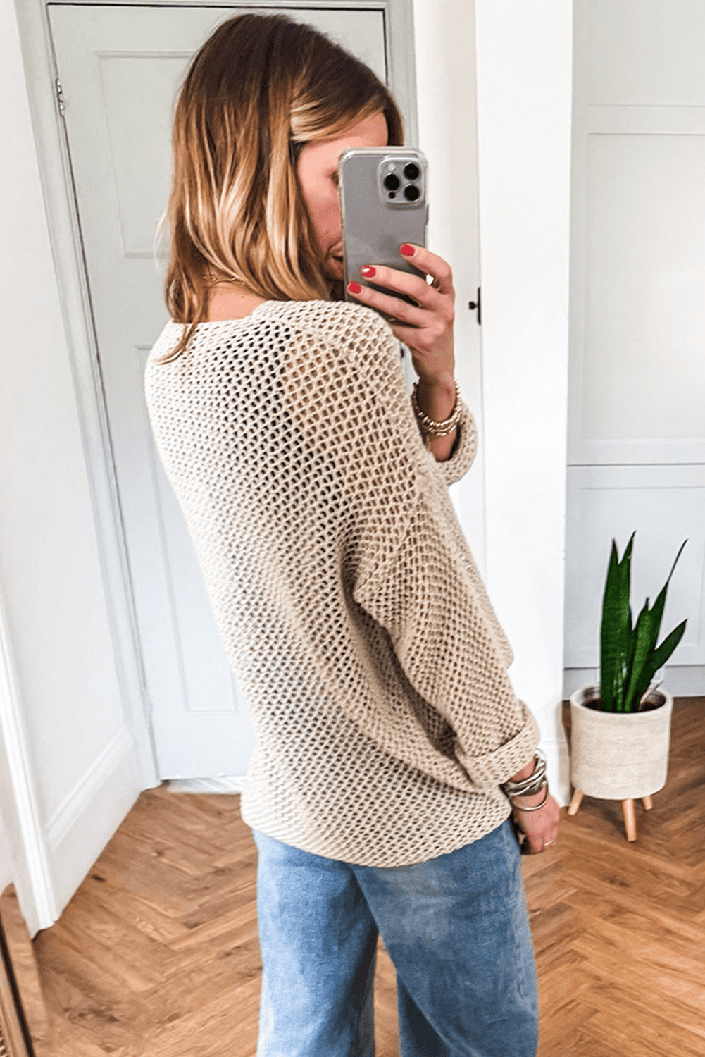 Smoke Gray Crochet Hollow-Out Jumper Top Sweater