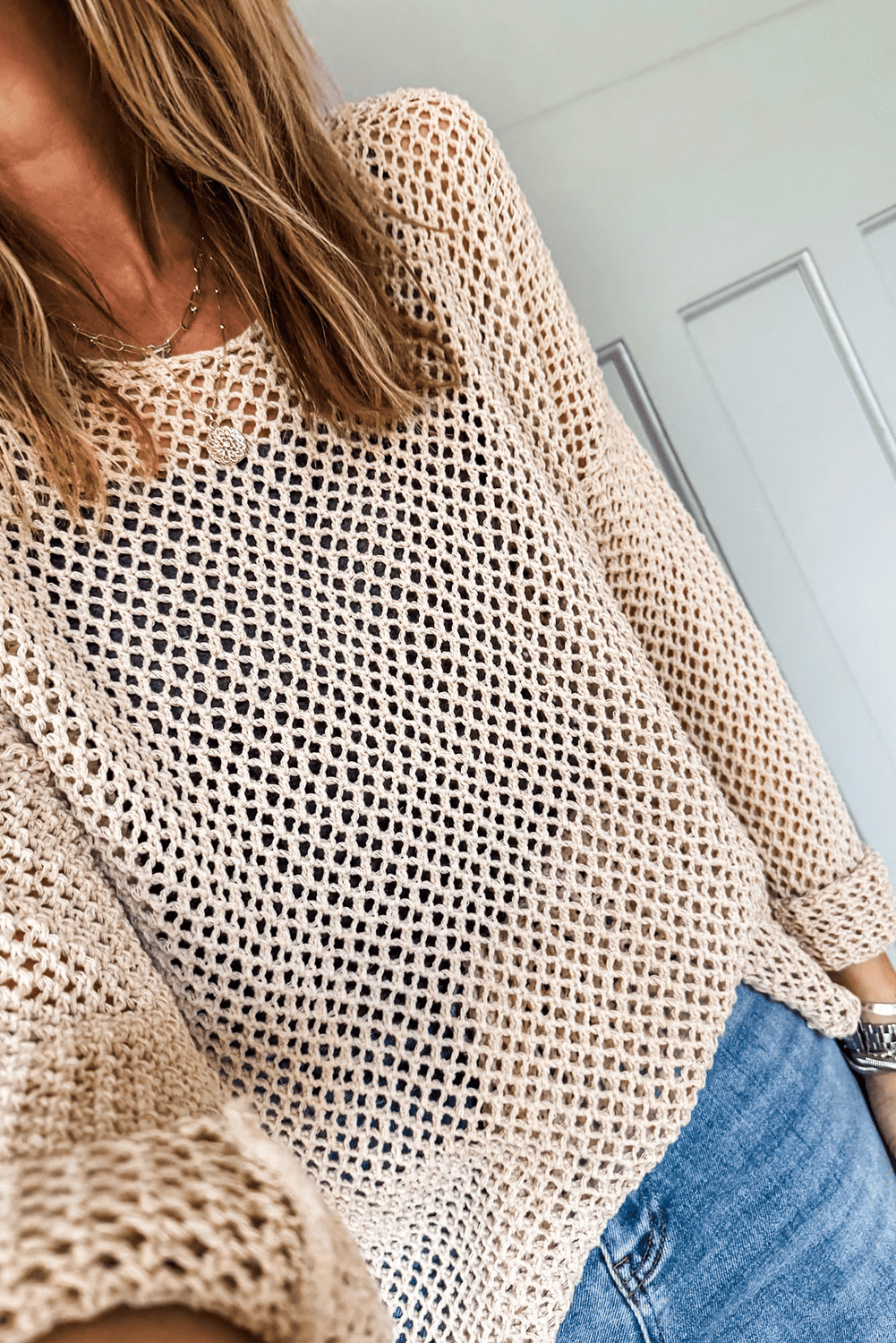 Smoke Gray Crochet Hollow-Out Jumper Top Sweater