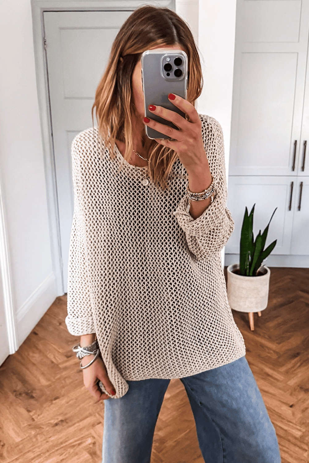Smoke Gray Crochet Hollow-Out Jumper Top Sweater