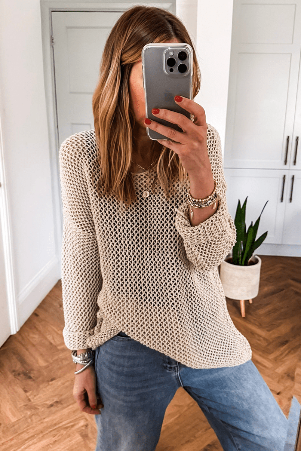 Smoke Gray Crochet Hollow-Out Jumper Top Sweater
