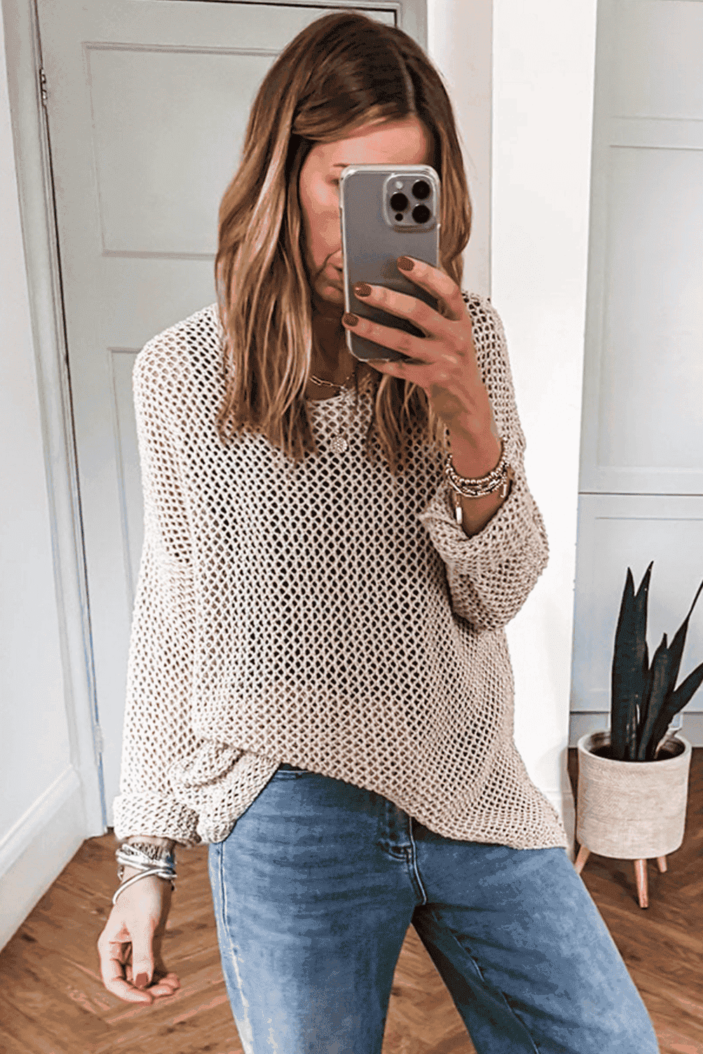 Smoke Gray Crochet Hollow-Out Jumper Top Sweater
