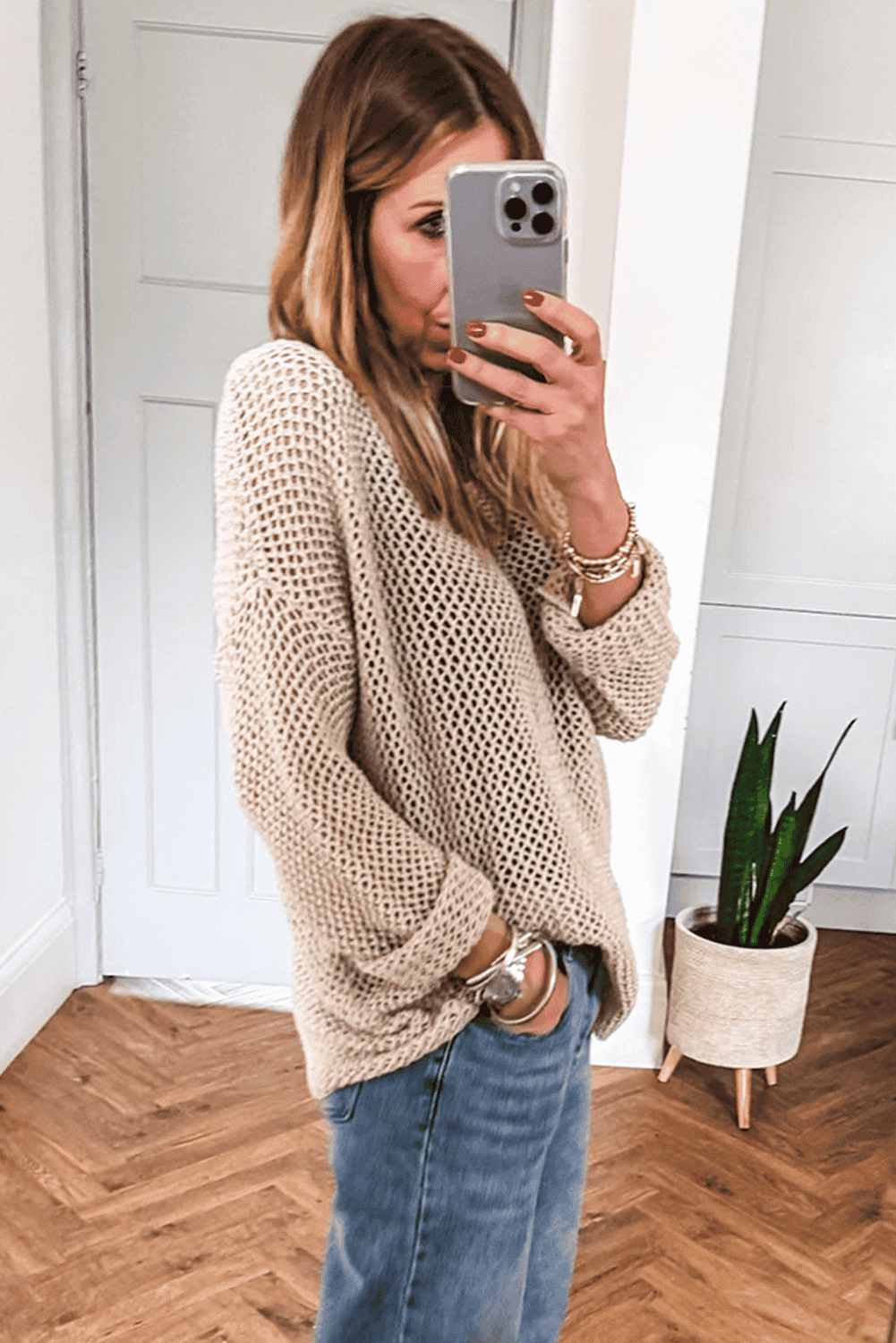 Smoke Gray Crochet Hollow-Out Jumper Top Sweater