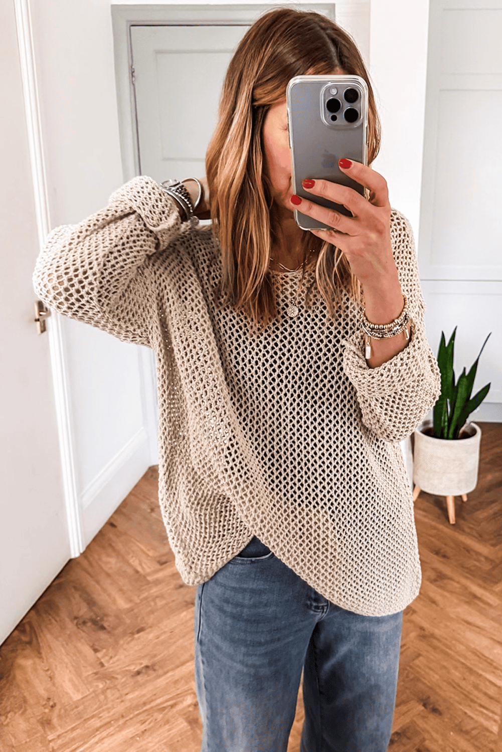Smoke Gray Crochet Hollow-Out Jumper Top Sweater