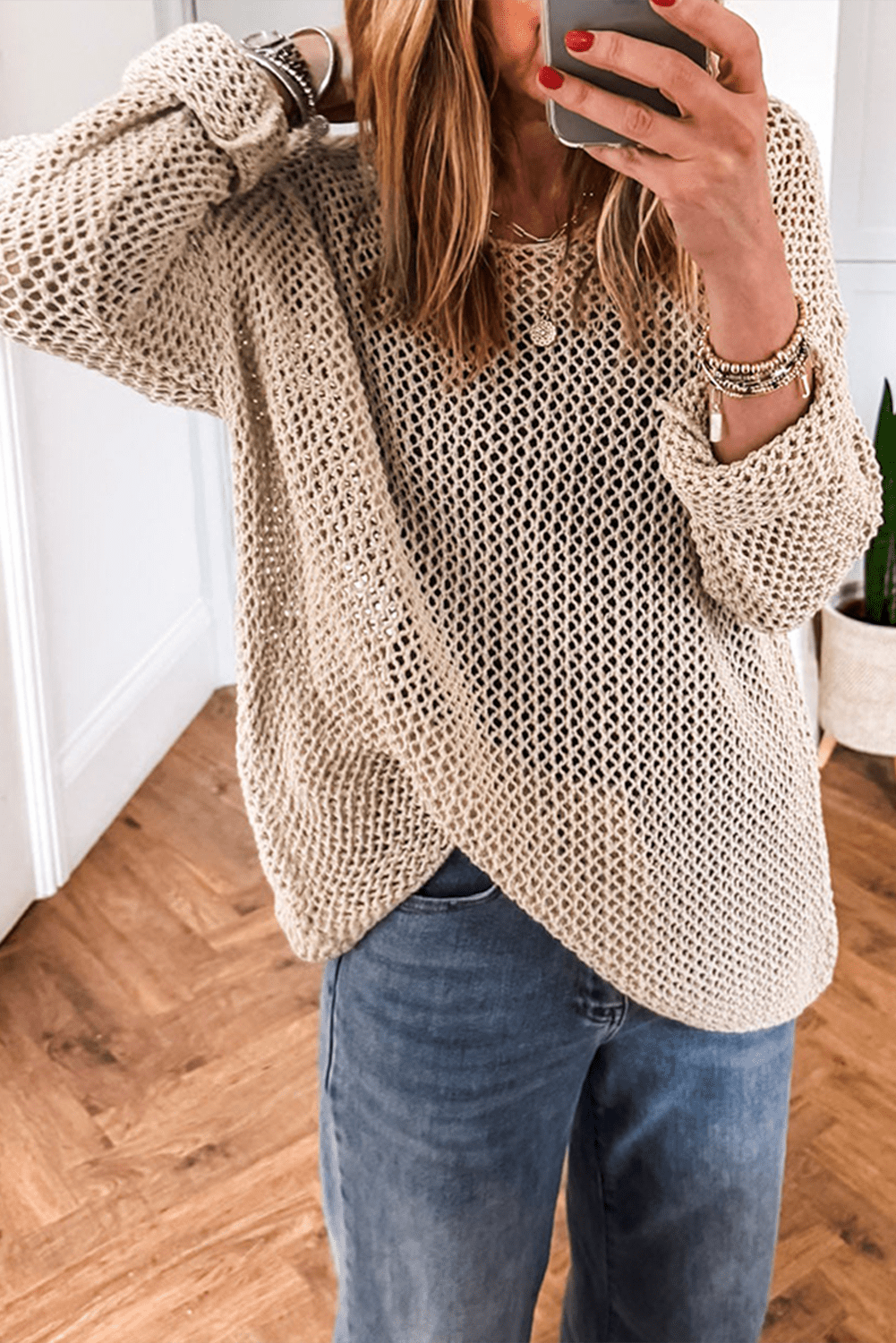 Smoke Gray Crochet Hollow-Out Jumper Top Sweater