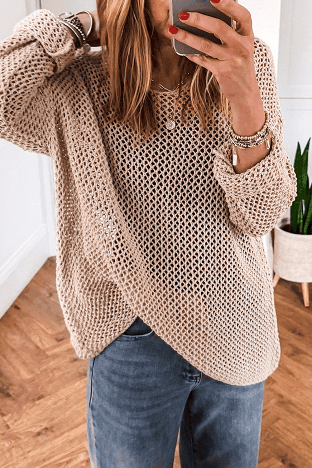 Smoke Gray Crochet Hollow-Out Jumper Top Sweater