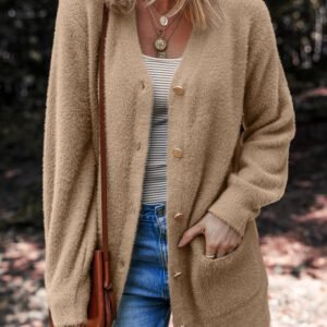 Smoke Gray Fuzzy Buttoned Front Midi Solid Cardigan