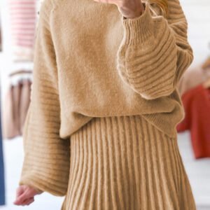 Smoke Gray High Neck Puff Sleeve Sweater Pleated Mini Skirt 2Pcs Knitted Outfit