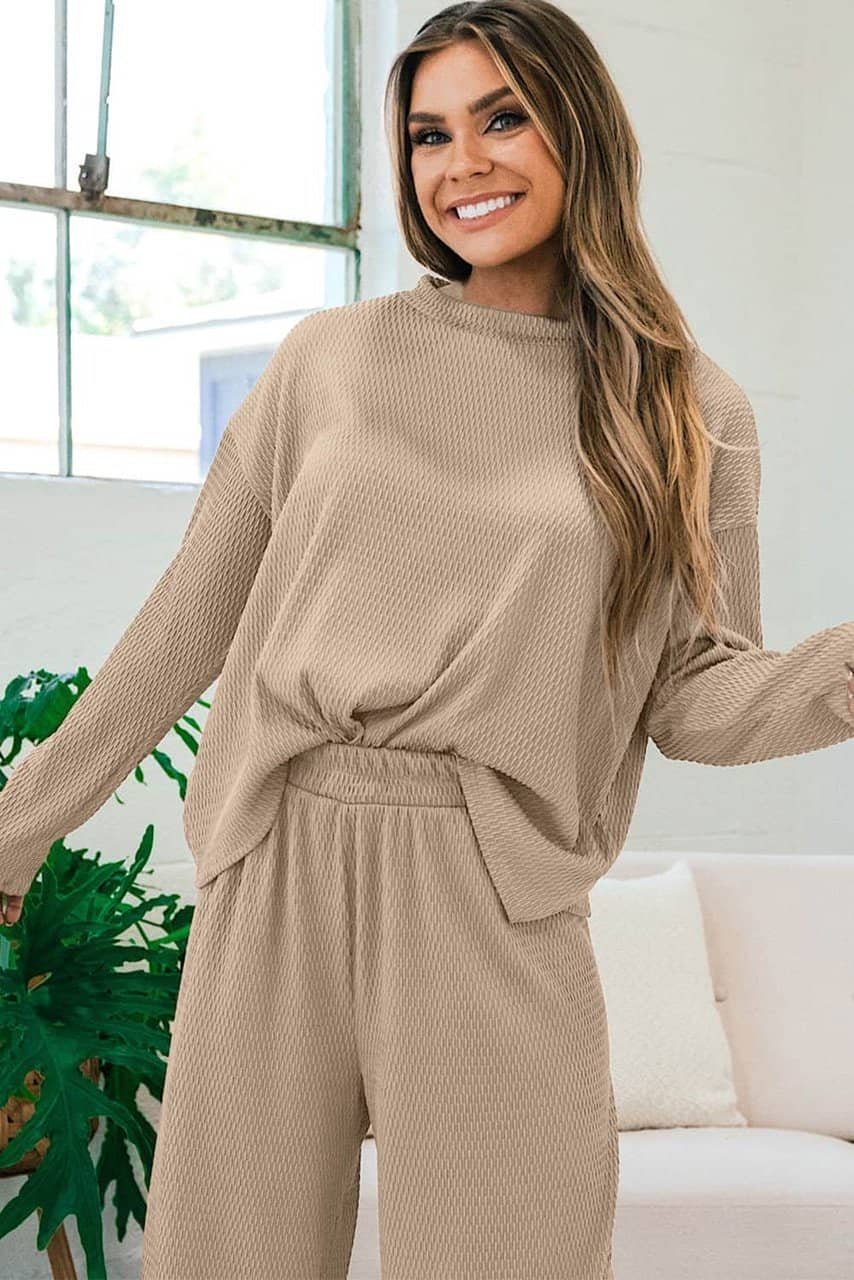 Smoke Gray Loose Textured Pullover And Pants Outfit