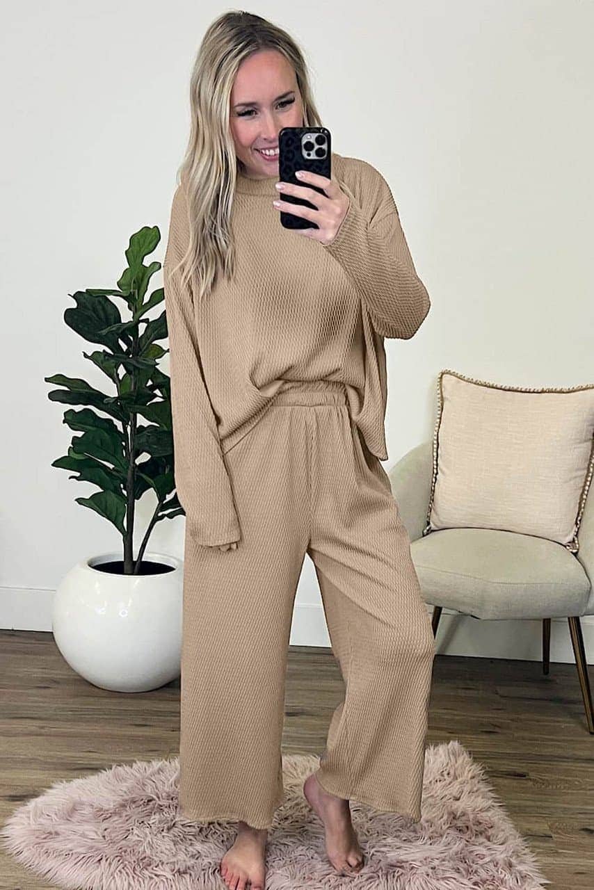Smoke Gray Loose Textured Pullover And Pants Outfit