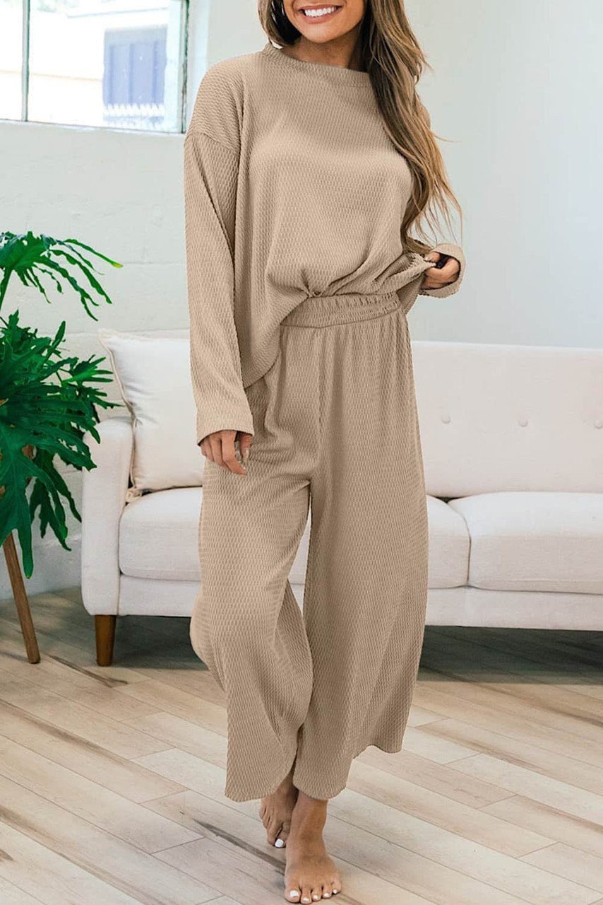 Smoke Gray Loose Textured Pullover And Pants Outfit