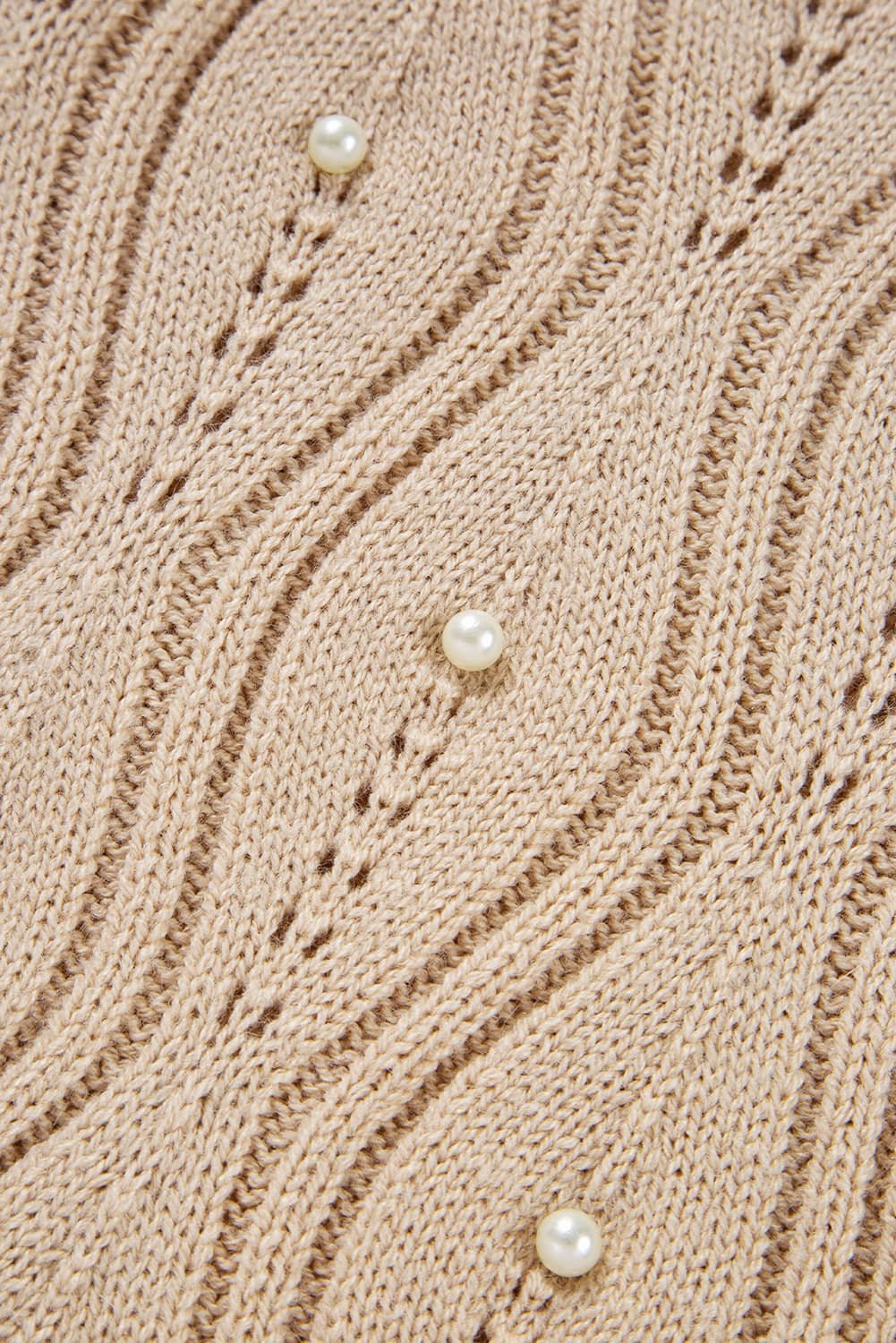 Smoke Gray Pearl Beaded Pointelle Knit V Neck Lace Patchwork Sleeve Sweater