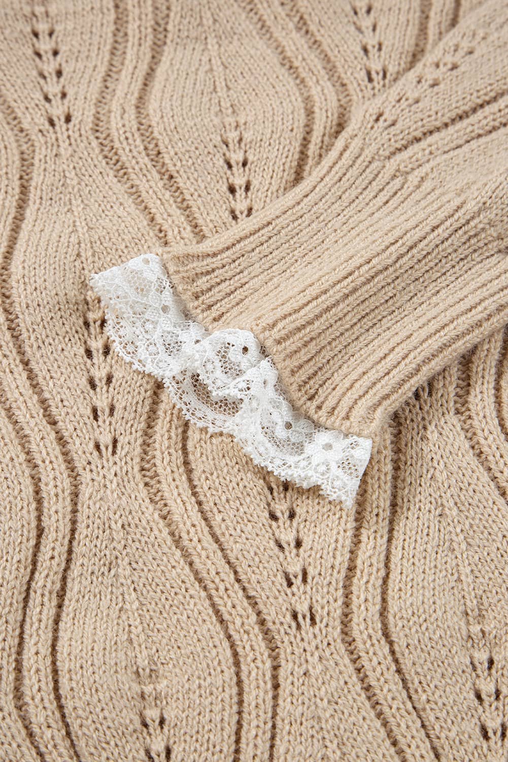 Smoke Gray Pearl Beaded Pointelle Knit V Neck Lace Patchwork Sleeve Sweater