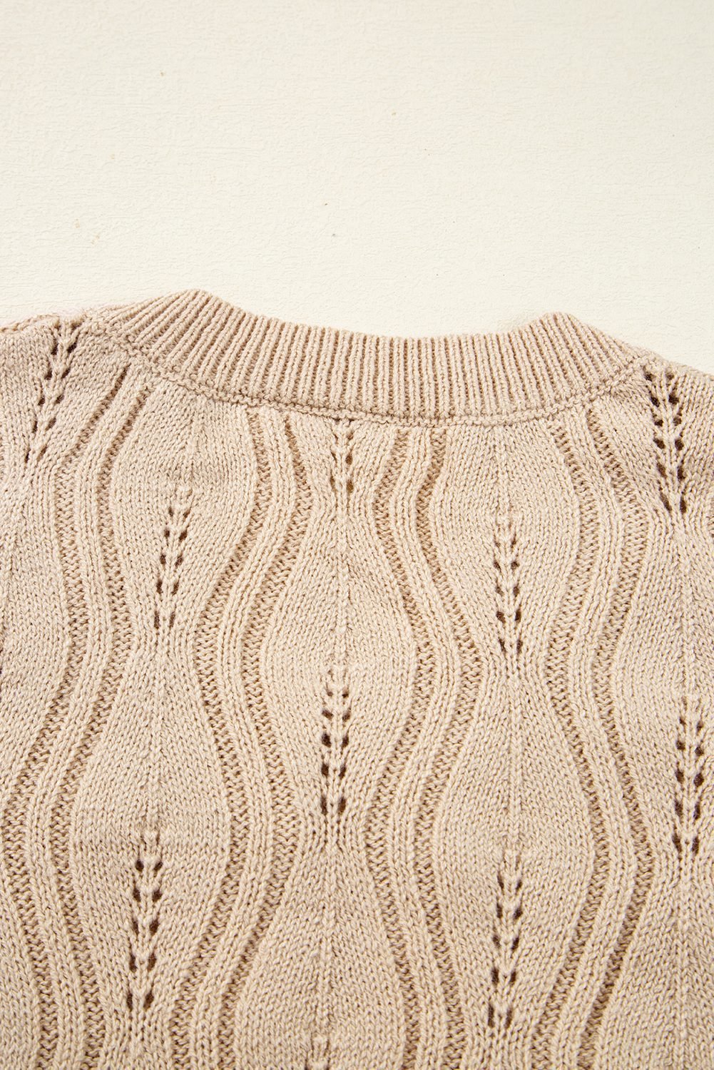 Smoke Gray Pearl Beaded Pointelle Knit V Neck Lace Patchwork Sleeve Sweater