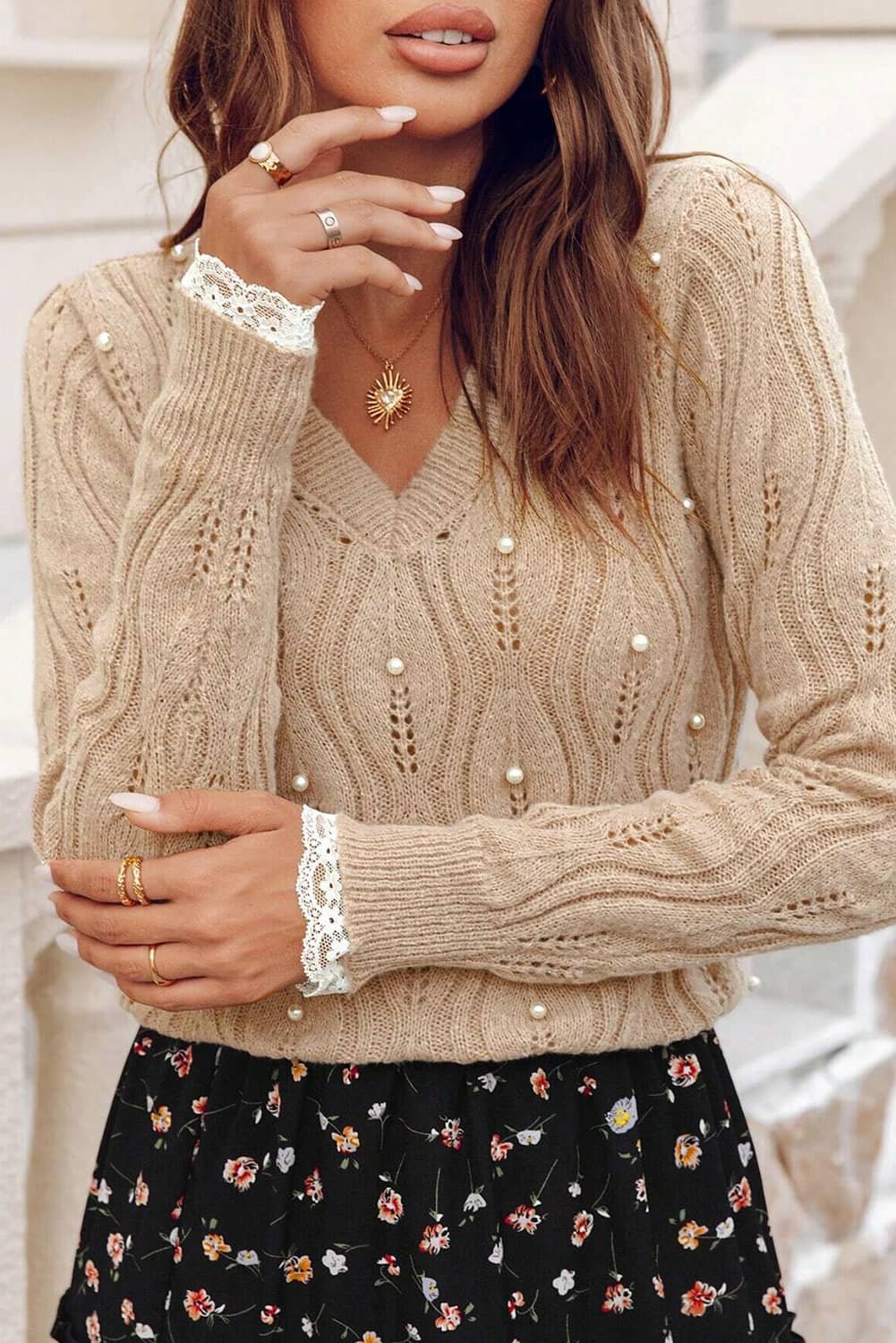 Smoke Gray Pearl Beaded Pointelle Knit V Neck Lace Patchwork Sleeve Sweater