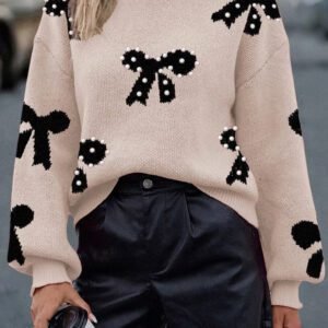 Smoke Gray Pearl Embellished Bow Pattern Loose Sweater