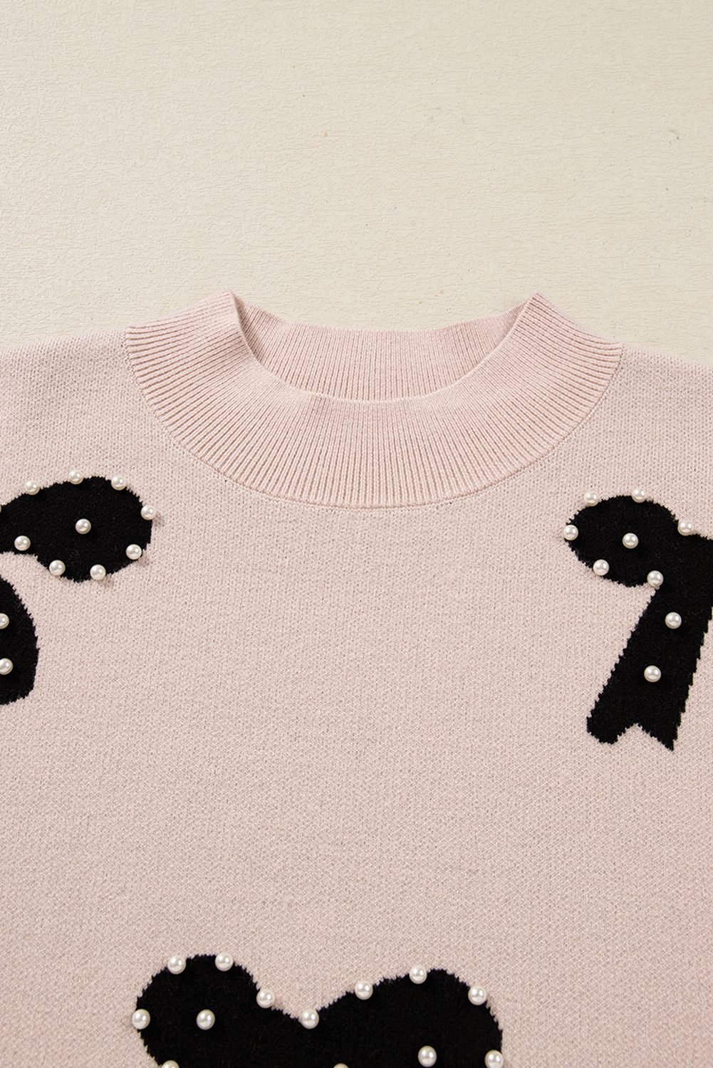 Smoke Gray Pearl Embellished Bow Pattern Loose Sweater