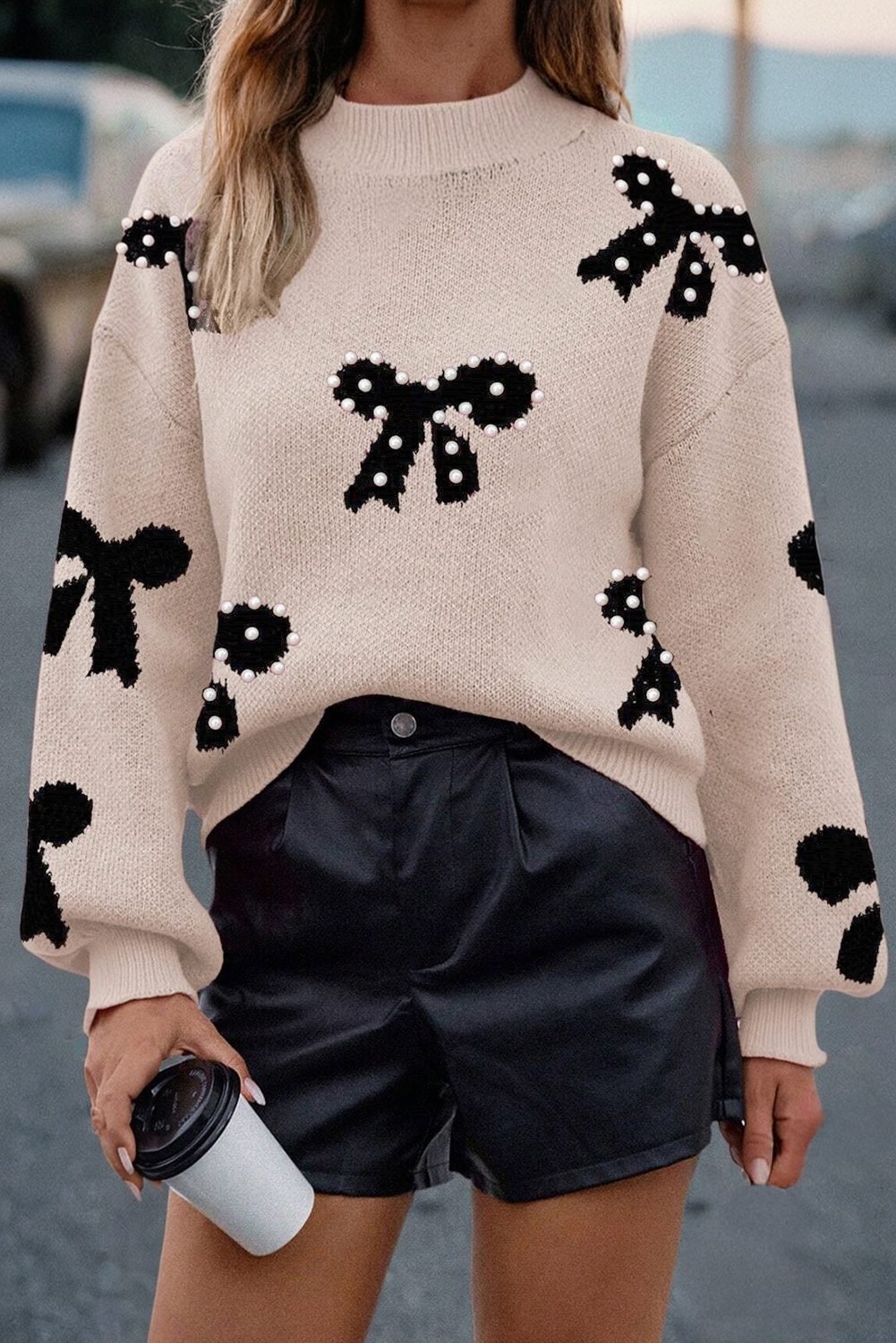 Smoke Gray Pearl Embellished Bow Pattern Loose Sweater