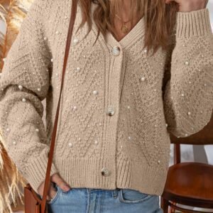 Smoke Gray Pearl Embellished Button Front V Neck Sweater Cardigan