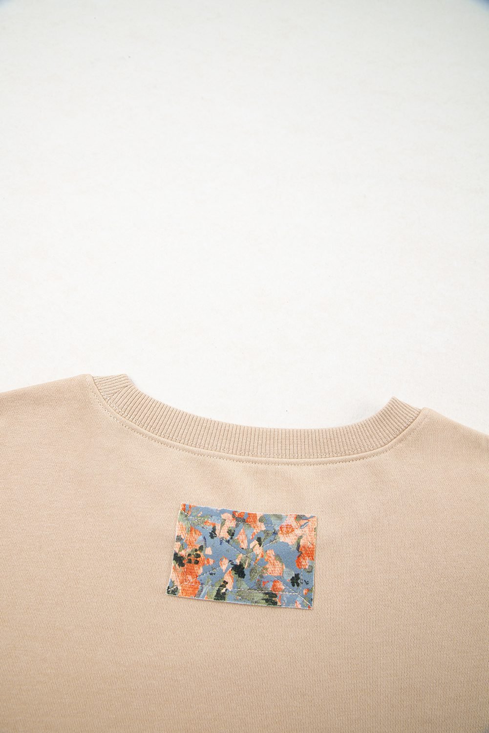 Smoke Gray Plaid Colorblock Patchwork Sleeve Raw Seam Sweatshirt