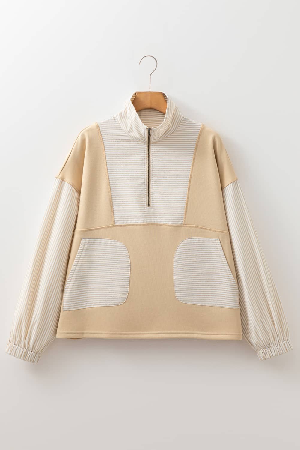Smoke Gray Quarter Zip Striped Patchwork Drop Shoulder Loose Long Sleeve Top
