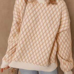 Smoke Gray Rhombus Textured Knit Mock Neck Sweater