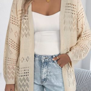 Smoke Gray Solid Color Hollowed Knit Open Front Cardigan Sweater