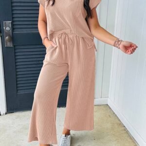 Smoke Gray Solid Corded Knit Short Sleeve T Shirt And Wide Leg Pants Set
