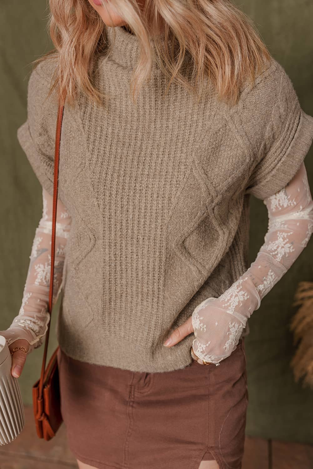 Smoke Gray Textured Knit High Neck Sweater T Shirt