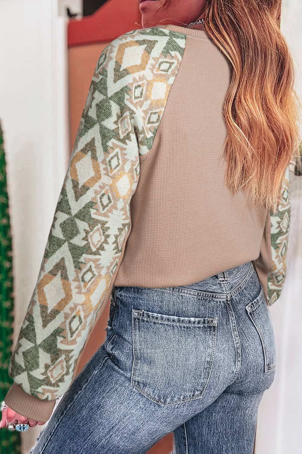 Smoke Gray Waffle Aztec Patchwork Raglan Sleeve Knit Top