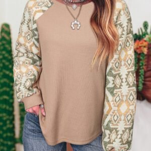 Smoke Gray Waffle Aztec Patchwork Raglan Sleeve Knit Top