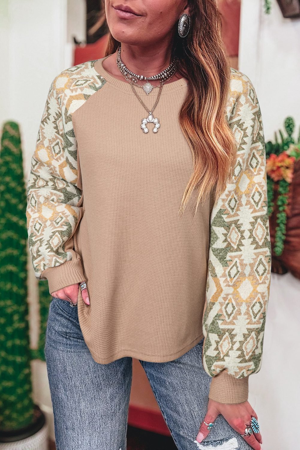 Smoke Gray Waffle Aztec Patchwork Raglan Sleeve Knit Top