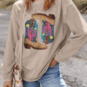 Smoke Gray Western Cowboy Boots Graphic Corded Loose Sweatshirt