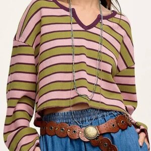 Spinach Green Clashing Stripes Waffle Texture Notched Neck Long Sleeve Top