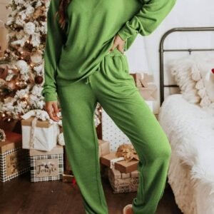 Spinach Green Long Sleeve Pullover And Jogger Pants Lounge Set